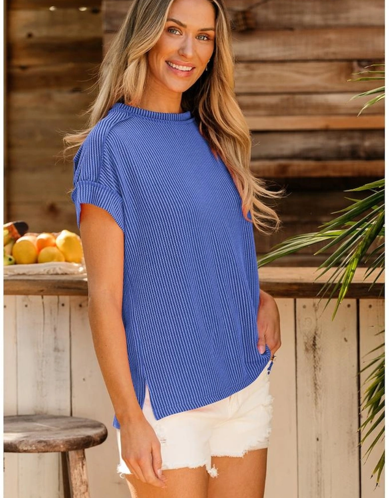 Dark Blue Textured Knit Exposed Stitching T-shirt