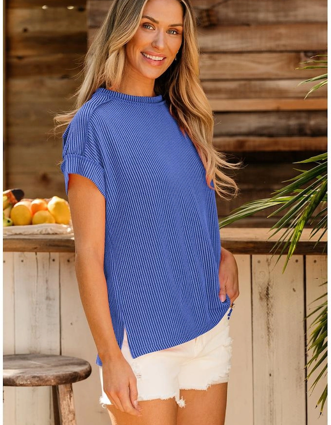 Dark Blue Textured Knit Exposed Stitching T-shirt