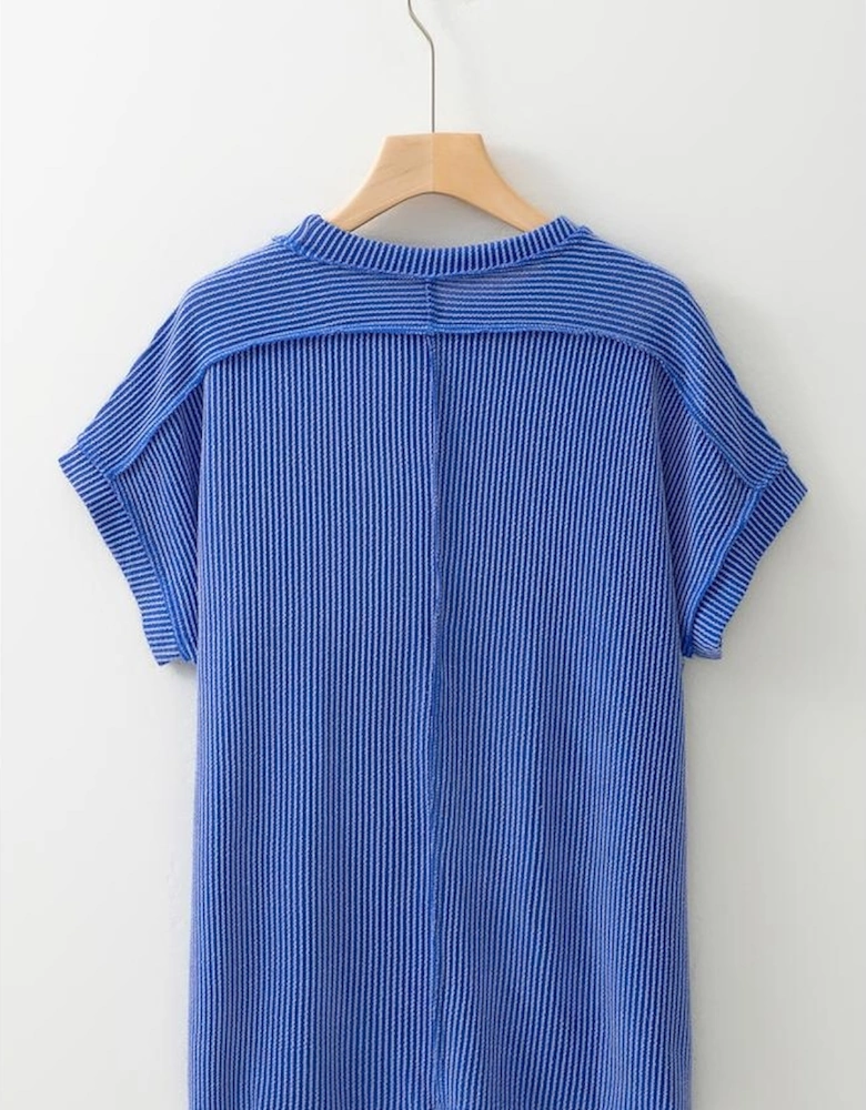 Dark Blue Textured Knit Exposed Stitching T-shirt
