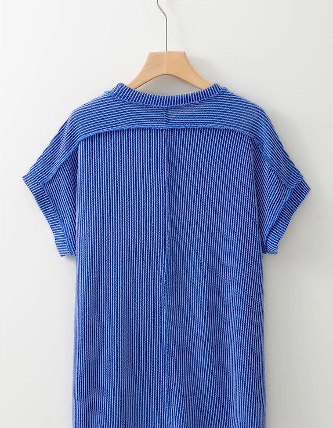Dark Blue Textured Knit Exposed Stitching T-shirt