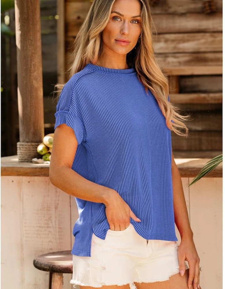 Dark Blue Textured Knit Exposed Stitching T-shirt