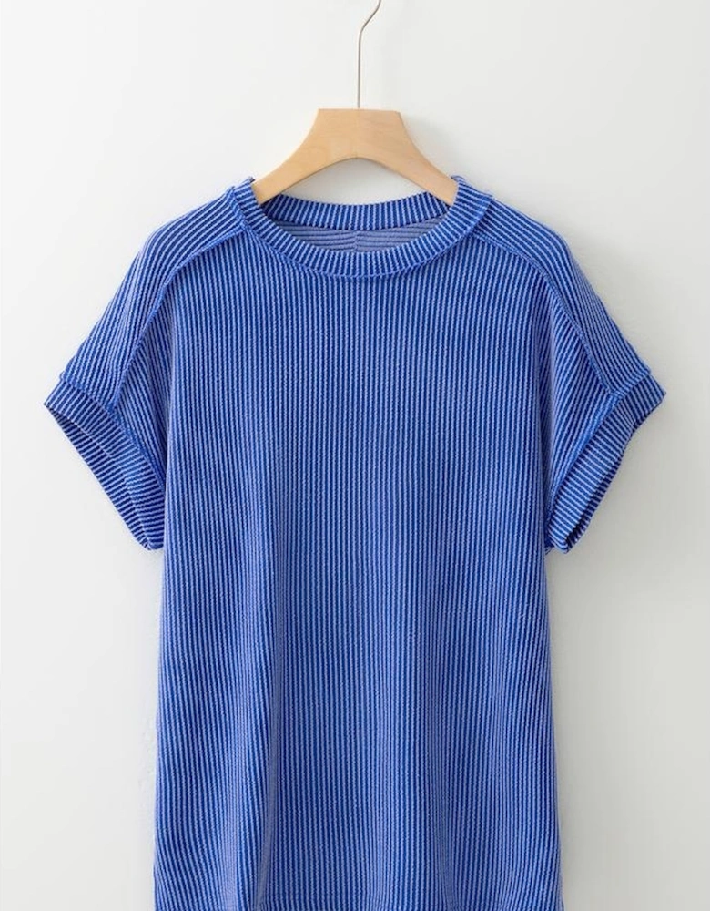 Dark Blue Textured Knit Exposed Stitching T-shirt