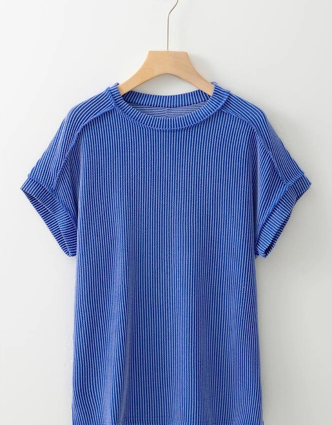 Dark Blue Textured Knit Exposed Stitching T-shirt