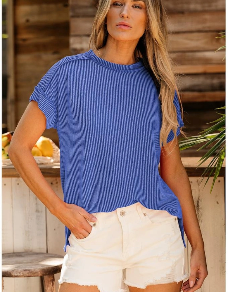 Dark Blue Textured Knit Exposed Stitching T-shirt