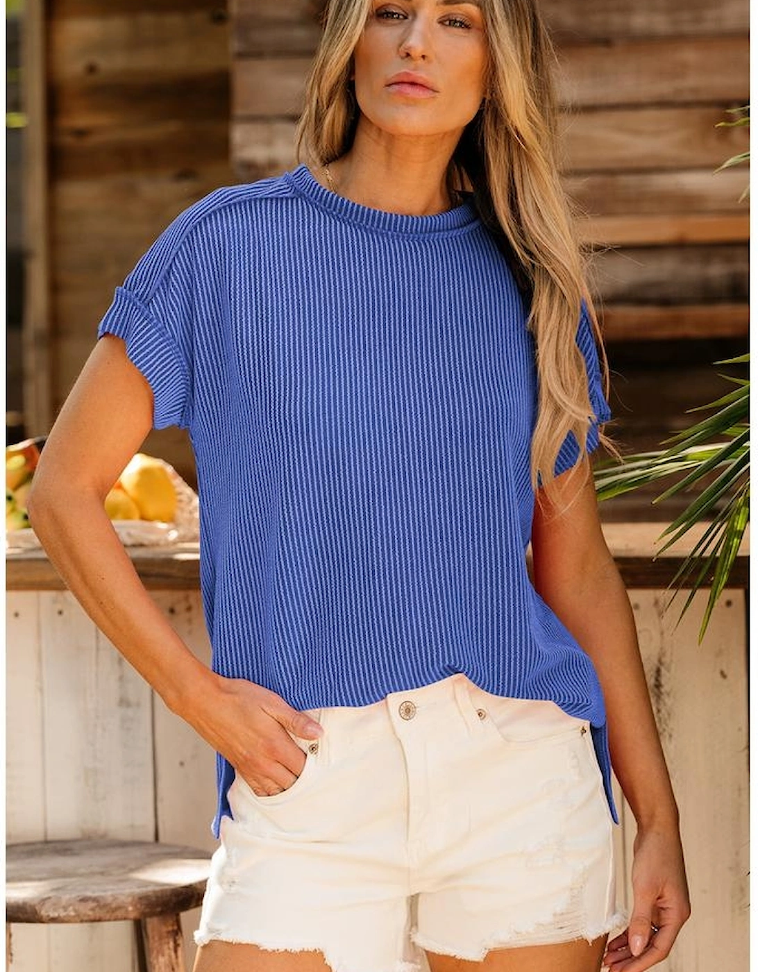 Dark Blue Textured Knit Exposed Stitching T-shirt