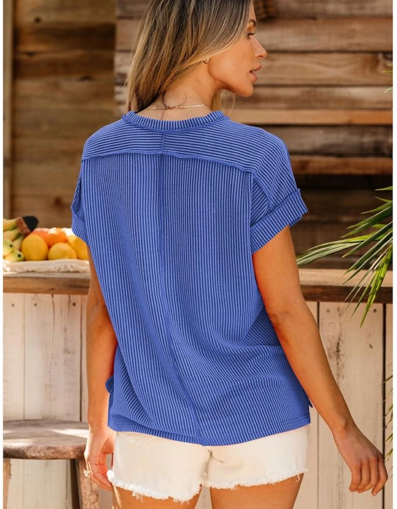 Dark Blue Textured Knit Exposed Stitching T-shirt