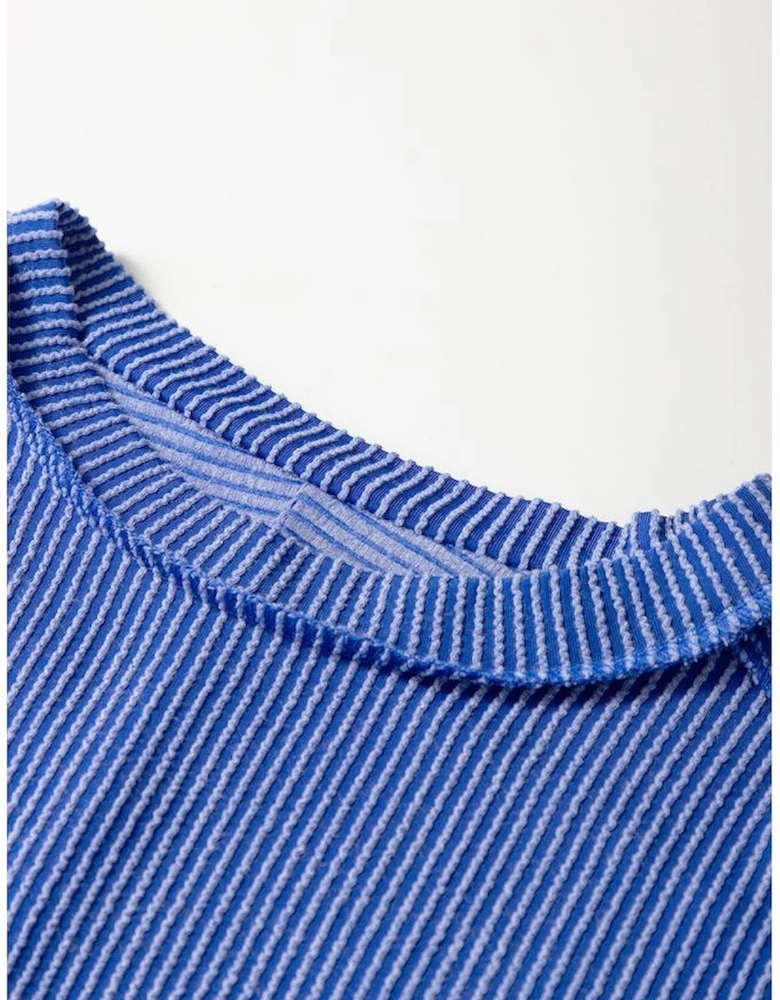 Dark Blue Textured Knit Exposed Stitching T-shirt