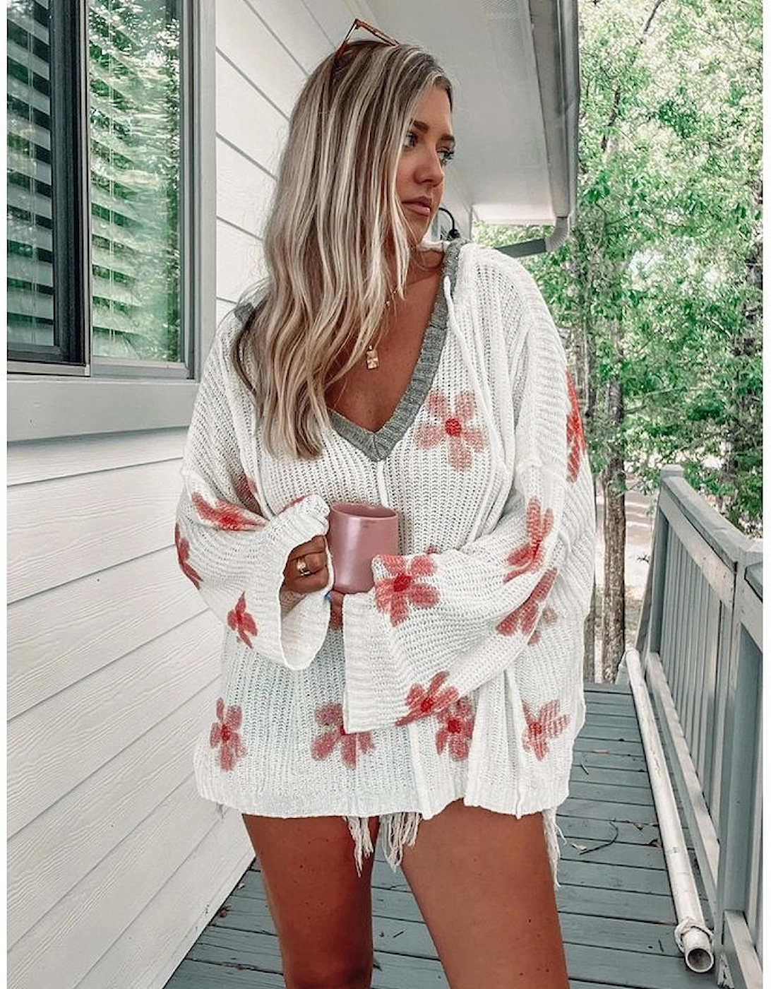 White Floral Print Lightweight Knit Hooded Sweater