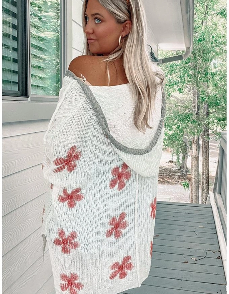 White Floral Print Lightweight Knit Hooded Sweater