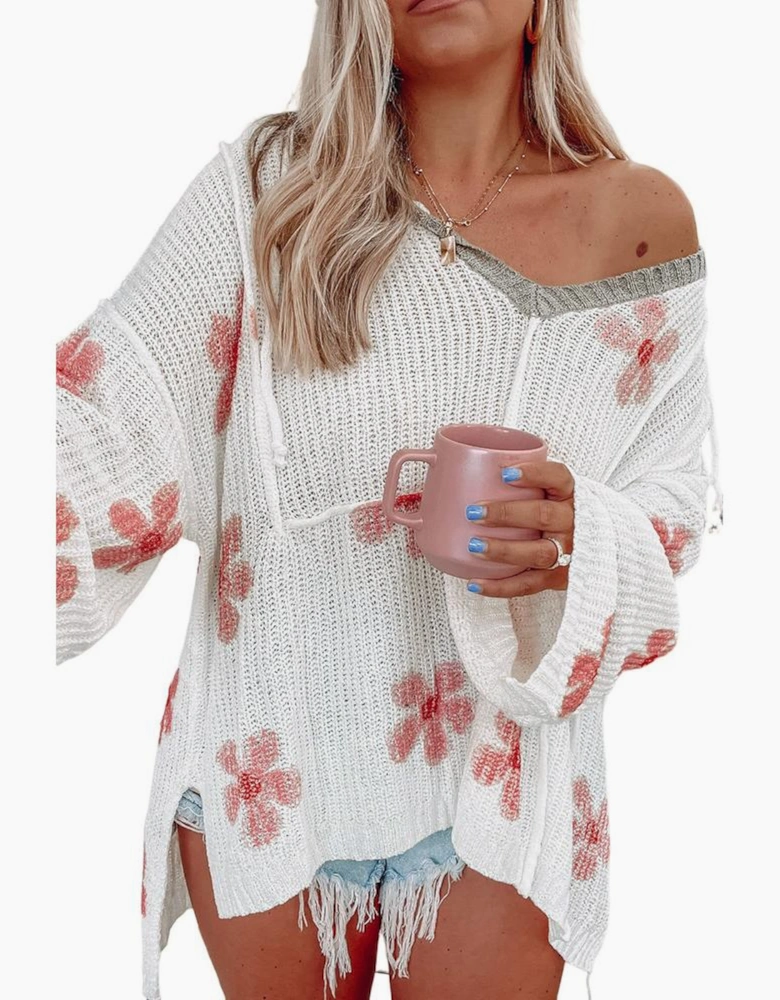 White Floral Print Lightweight Knit Hooded Sweater