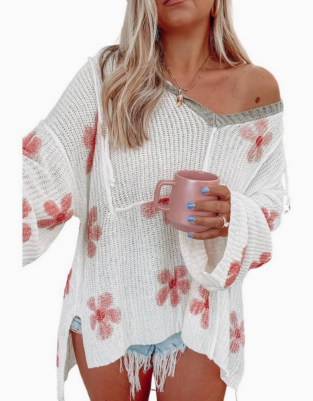 White Floral Print Lightweight Knit Hooded Sweater, 6 of 5