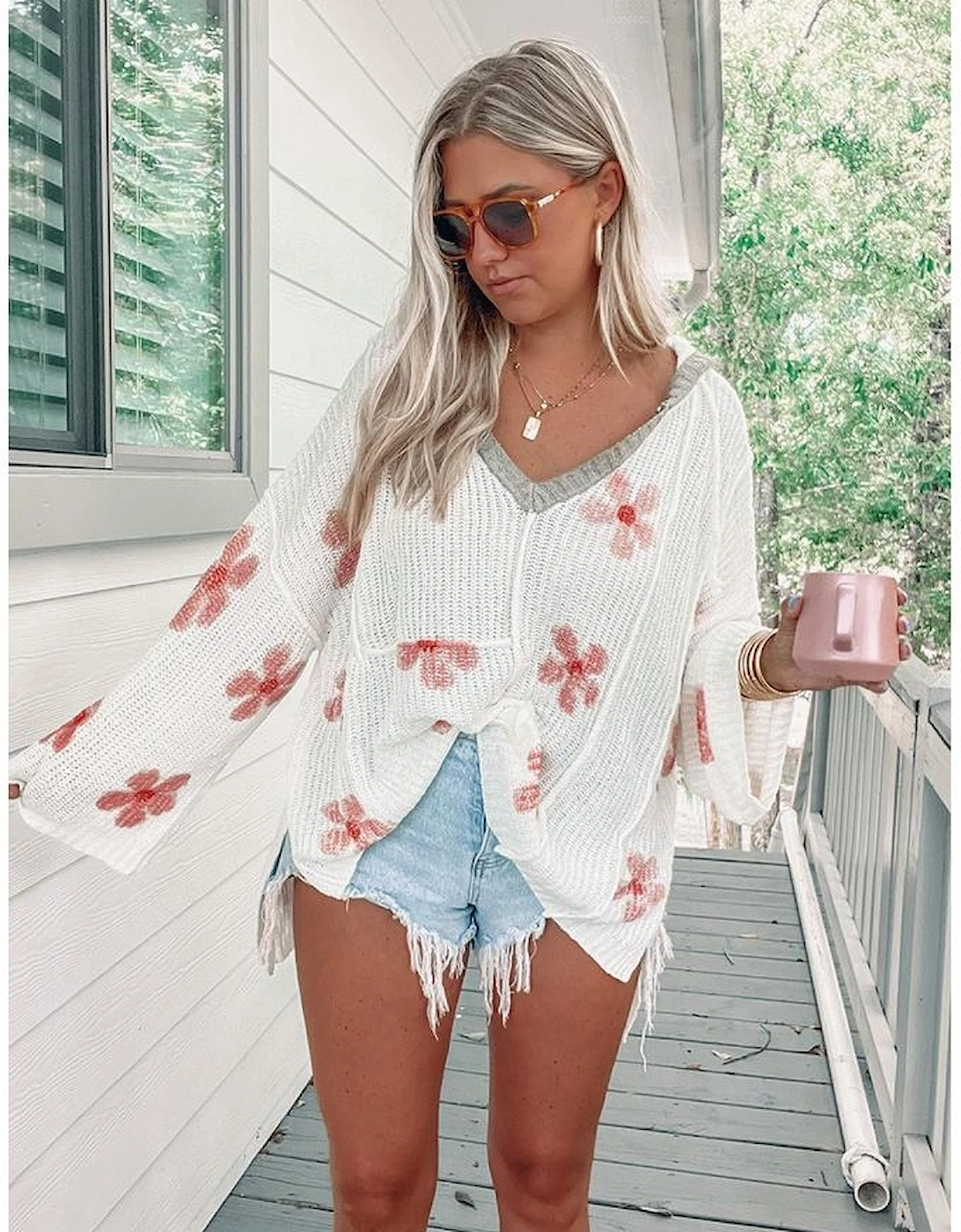 White Floral Print Lightweight Knit Hooded Sweater