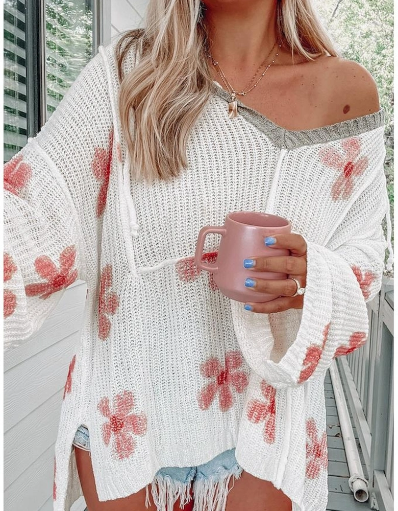 White Floral Print Lightweight Knit Hooded Sweater