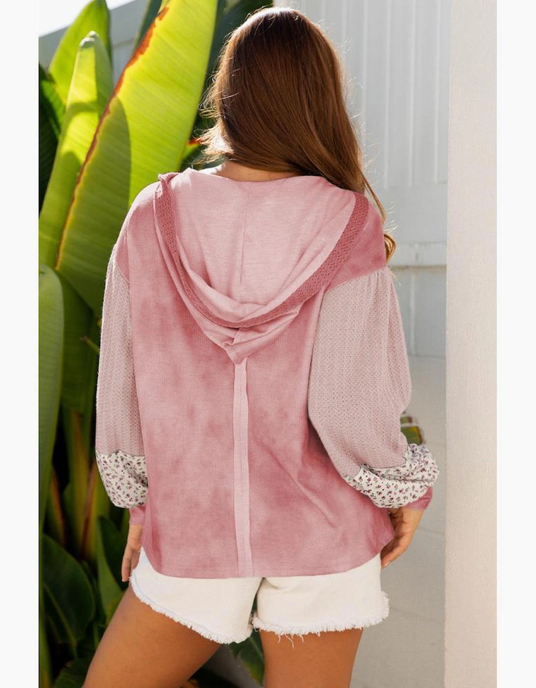 Pink Floral Patched Waffle Textured Colorblock V Neck Casual Hooded Top, 14 of 13