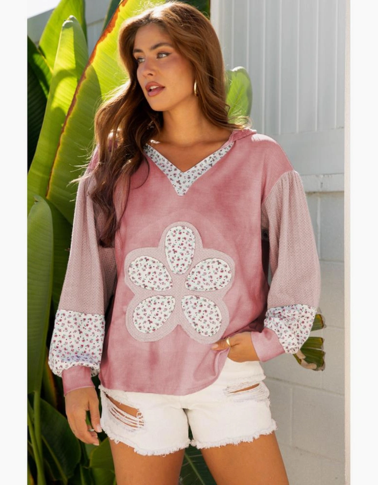 Pink Floral Patched Waffle Textured Colorblock V Neck Casual Hooded Top