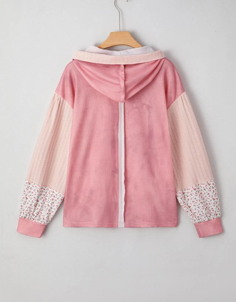 Pink Floral Patched Waffle Textured Colorblock V Neck Casual Hooded Top