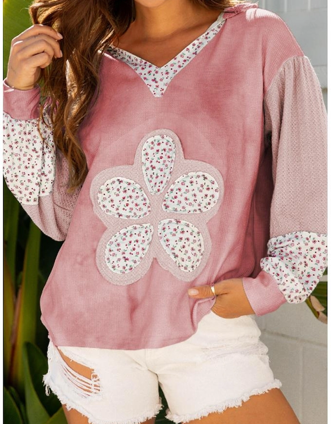 Pink Floral Patched Waffle Textured Colorblock V Neck Casual Hooded Top