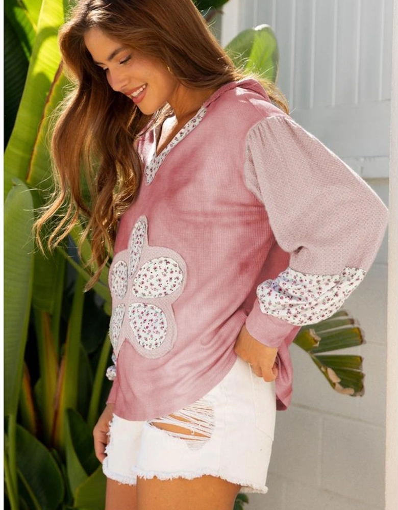 Pink Floral Patched Waffle Textured Colorblock V Neck Casual Hooded Top