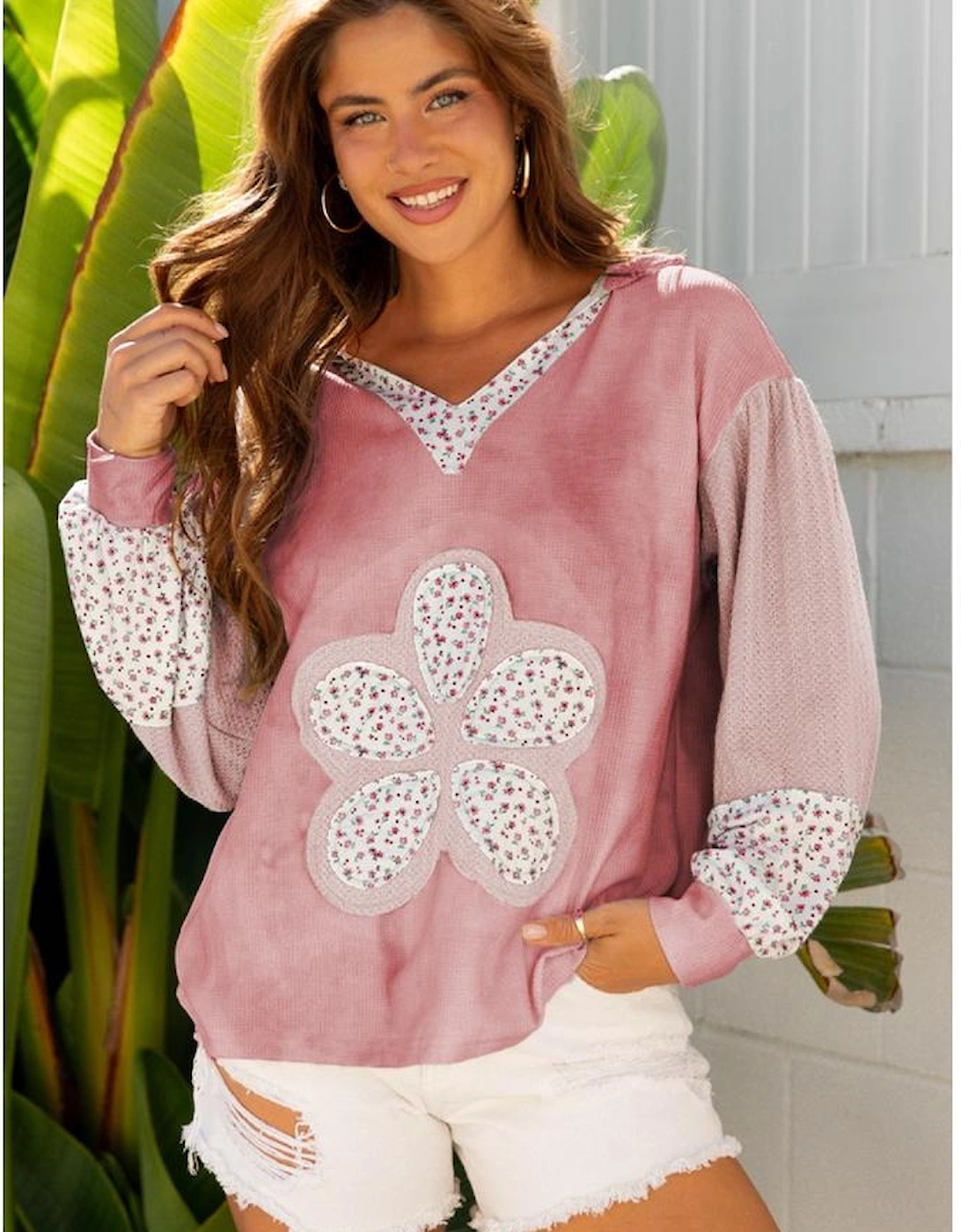 Pink Floral Patched Waffle Textured Colorblock V Neck Casual Hooded Top
