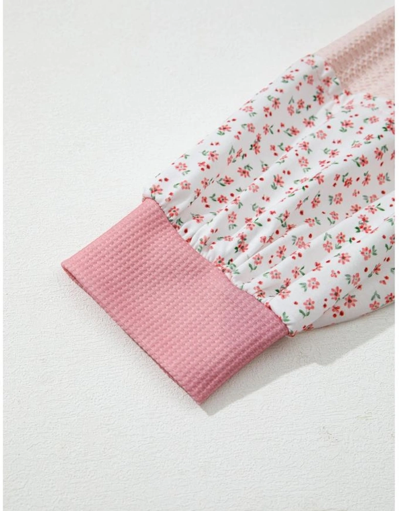 Pink Floral Patched Waffle Textured Colorblock V Neck Casual Hooded Top