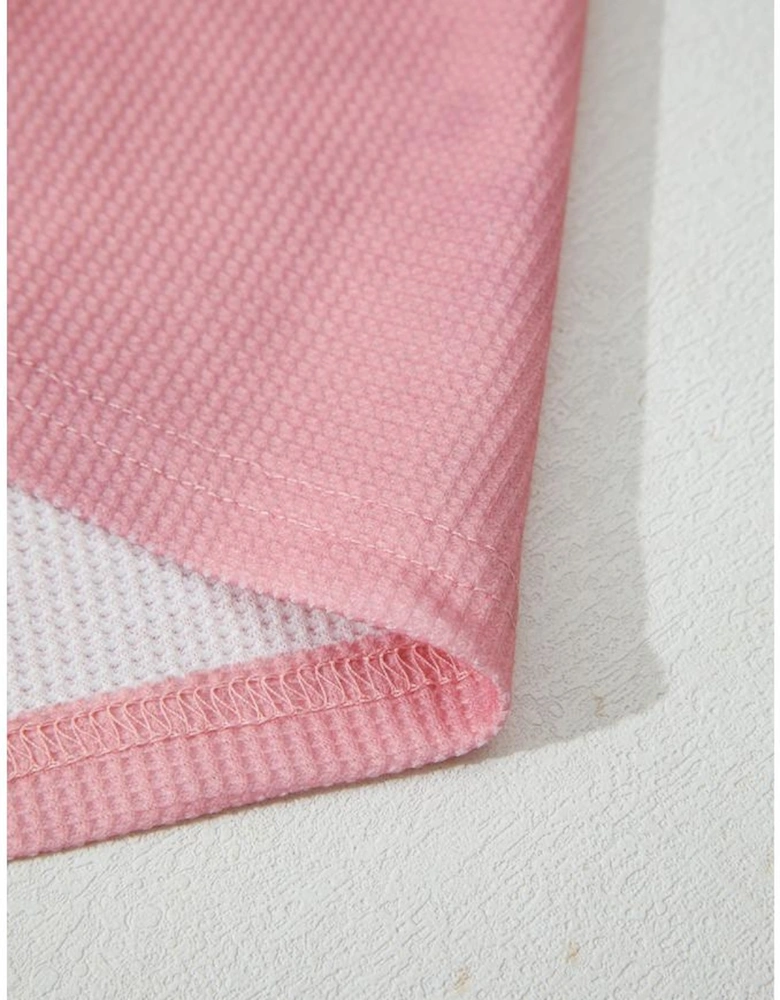 Pink Floral Patched Waffle Textured Colorblock V Neck Casual Hooded Top