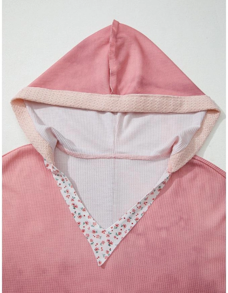 Pink Floral Patched Waffle Textured Colorblock V Neck Casual Hooded Top