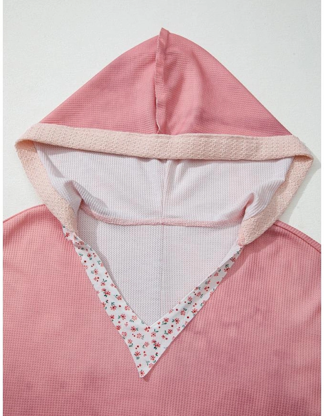 Pink Floral Patched Waffle Textured Colorblock V Neck Casual Hooded Top
