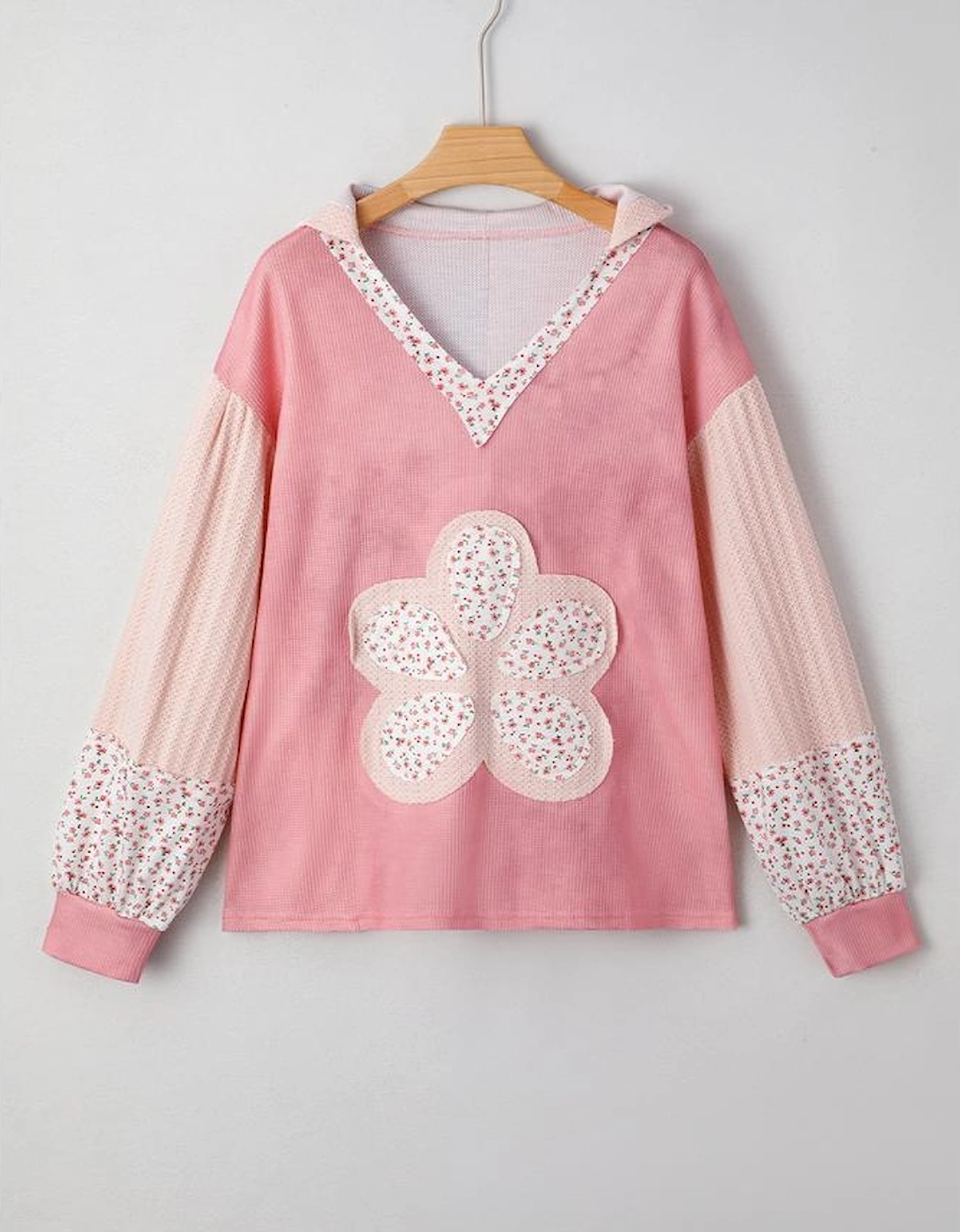 Pink Floral Patched Waffle Textured Colorblock V Neck Casual Hooded Top