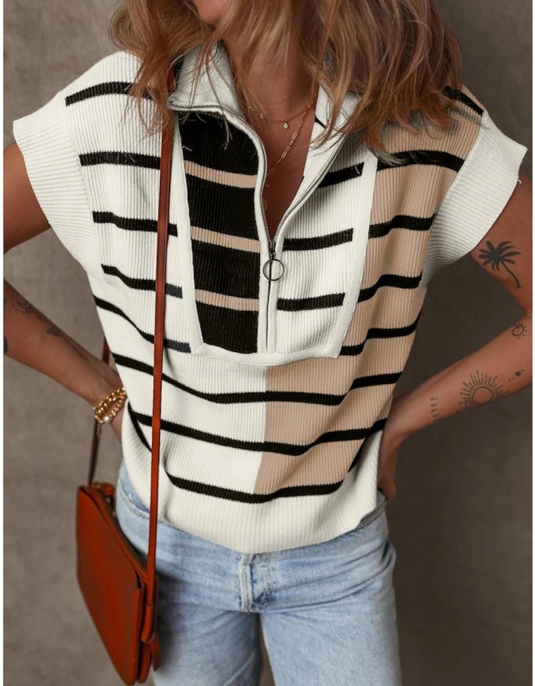 Black Stripe Colorblock Quarter Zip Collar Sweater Vest