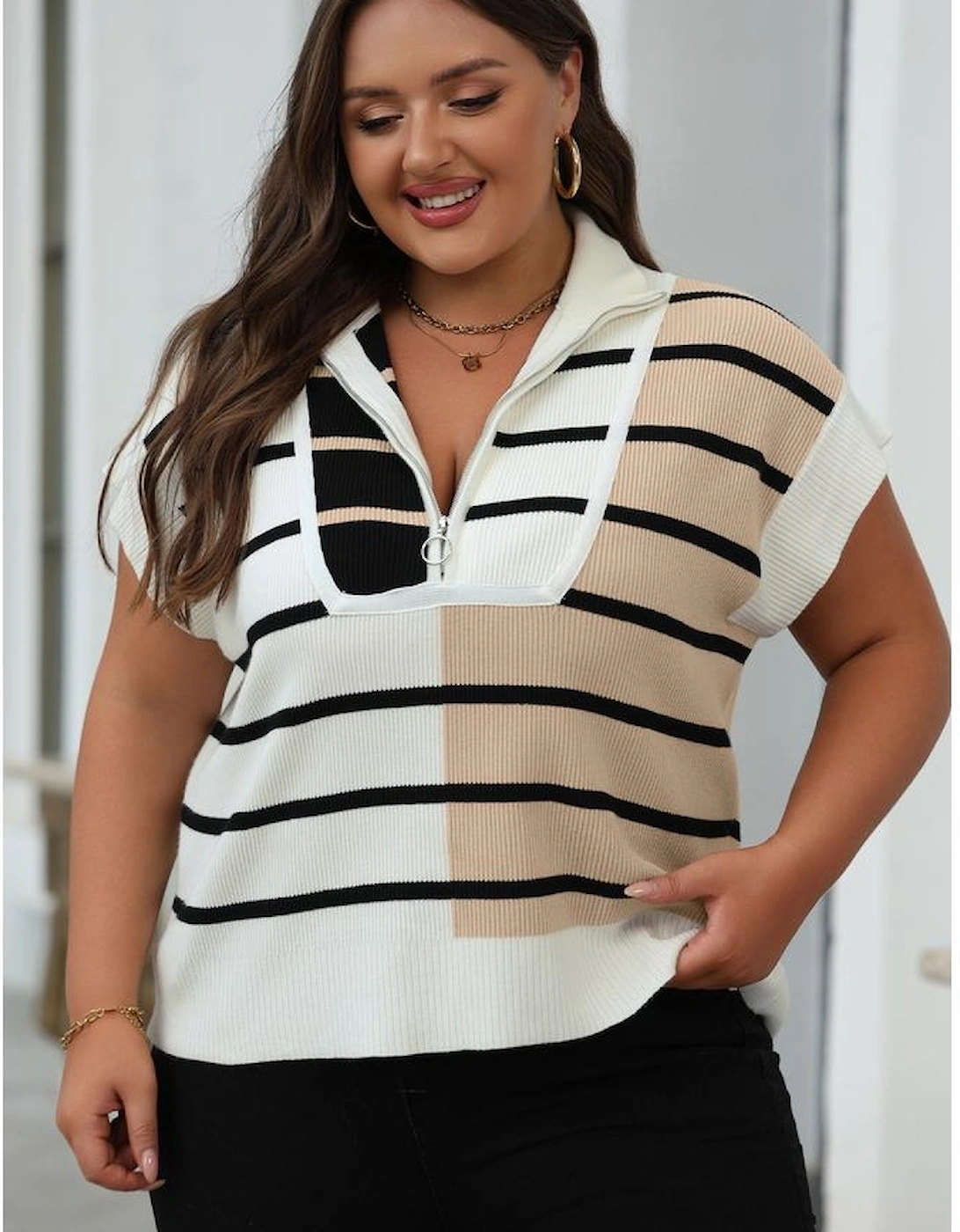 Black Stripe Colorblock Quarter Zip Collar Sweater Vest