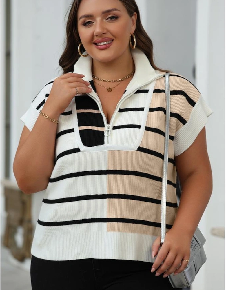 Black Stripe Colorblock Quarter Zip Collar Sweater Vest