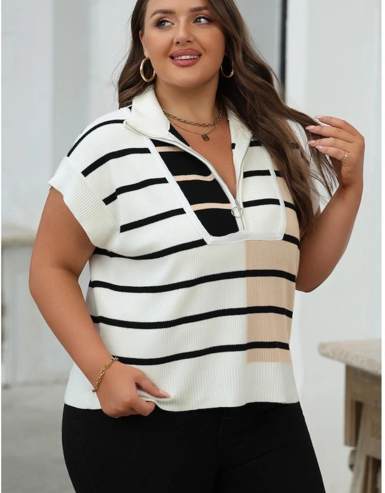 Black Stripe Colorblock Quarter Zip Collar Sweater Vest