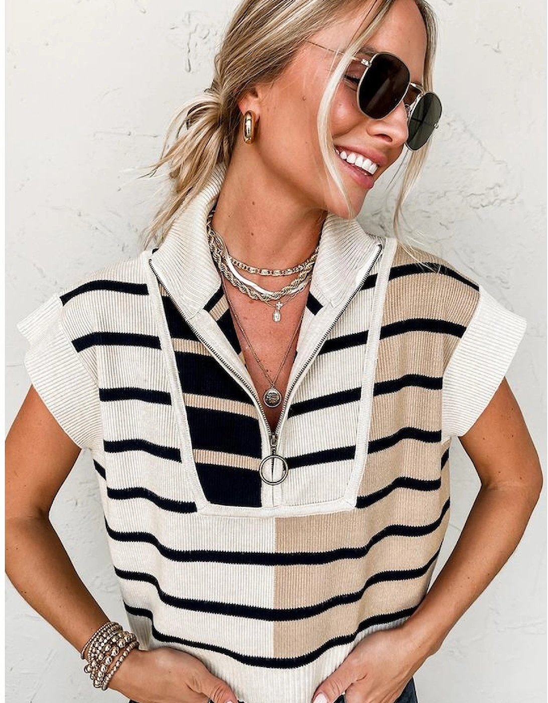 Black Stripe Colorblock Quarter Zip Collar Sweater Vest