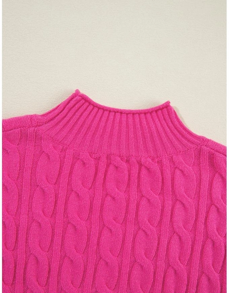 Rose Red Solid Cable Knit High Neck Drop Shoulder Sweater