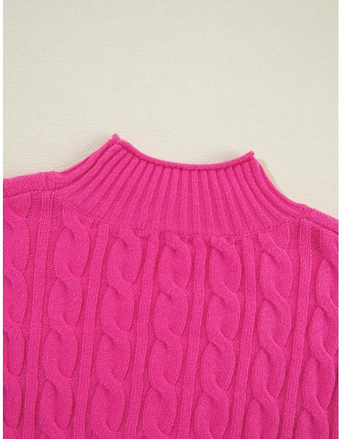 Rose Red Solid Cable Knit High Neck Drop Shoulder Sweater