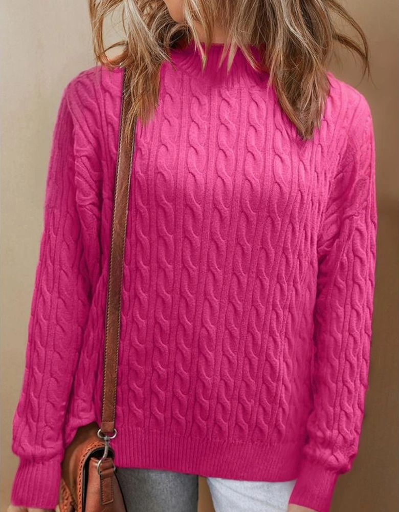 Rose Red Solid Cable Knit High Neck Drop Shoulder Sweater