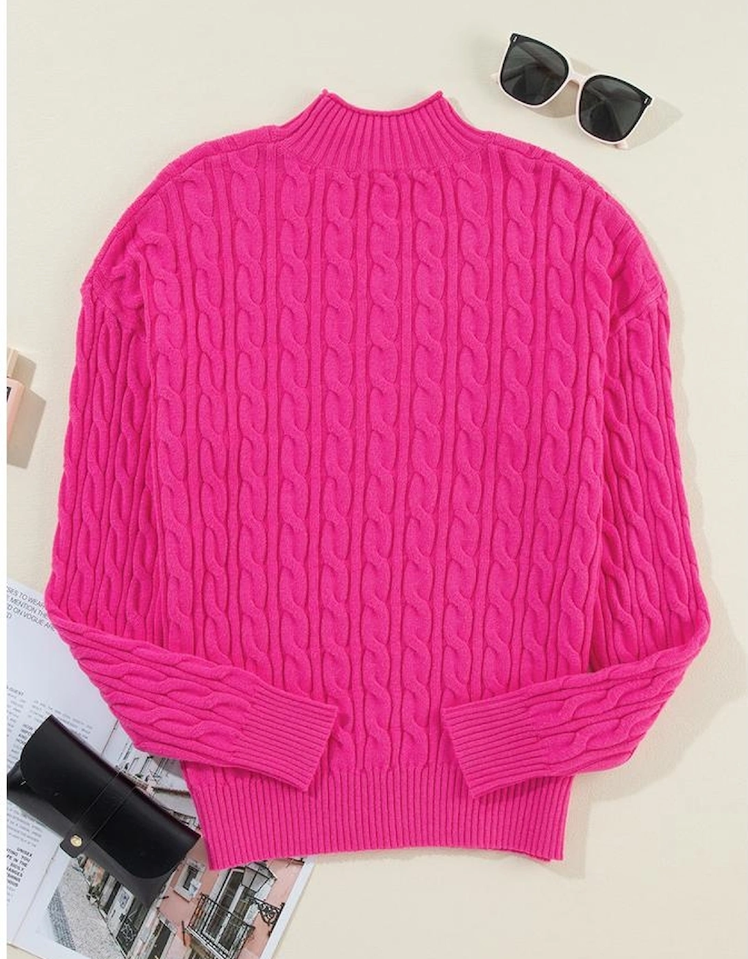 Rose Red Solid Cable Knit High Neck Drop Shoulder Sweater, 11 of 10