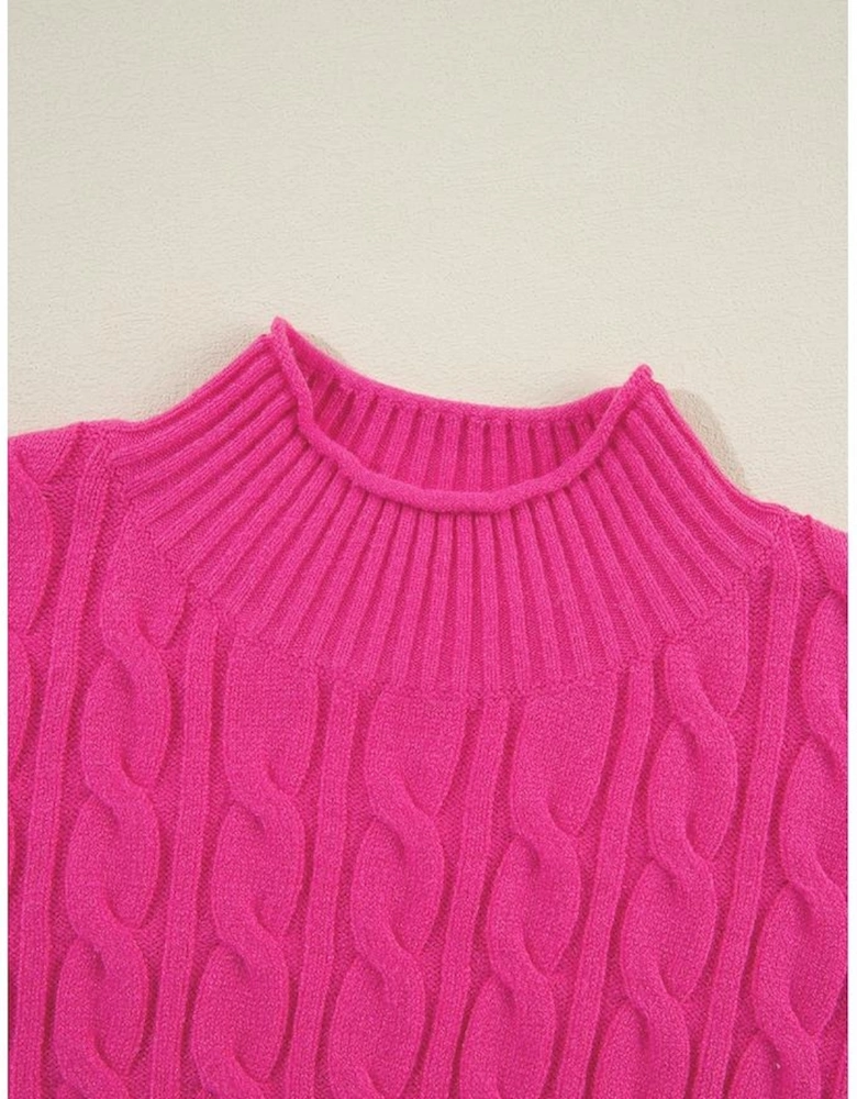 Rose Red Solid Cable Knit High Neck Drop Shoulder Sweater