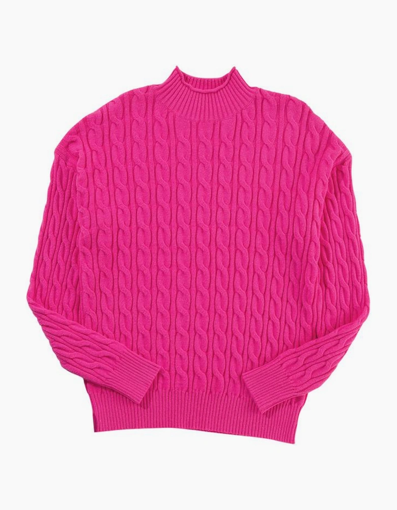 Rose Red Solid Cable Knit High Neck Drop Shoulder Sweater