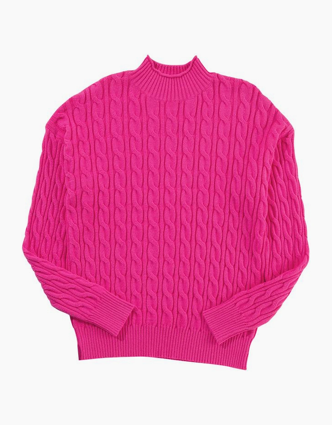 Rose Red Solid Cable Knit High Neck Drop Shoulder Sweater