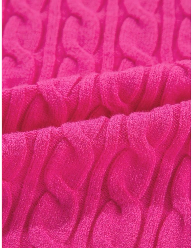 Rose Red Solid Cable Knit High Neck Drop Shoulder Sweater