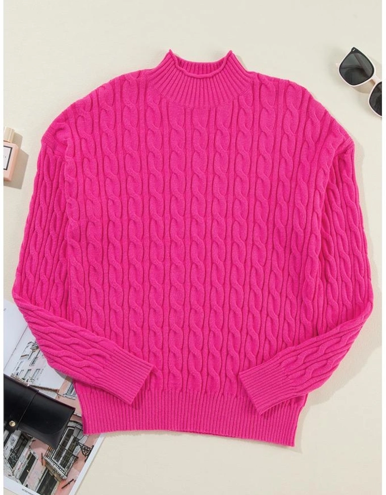Rose Red Solid Cable Knit High Neck Drop Shoulder Sweater