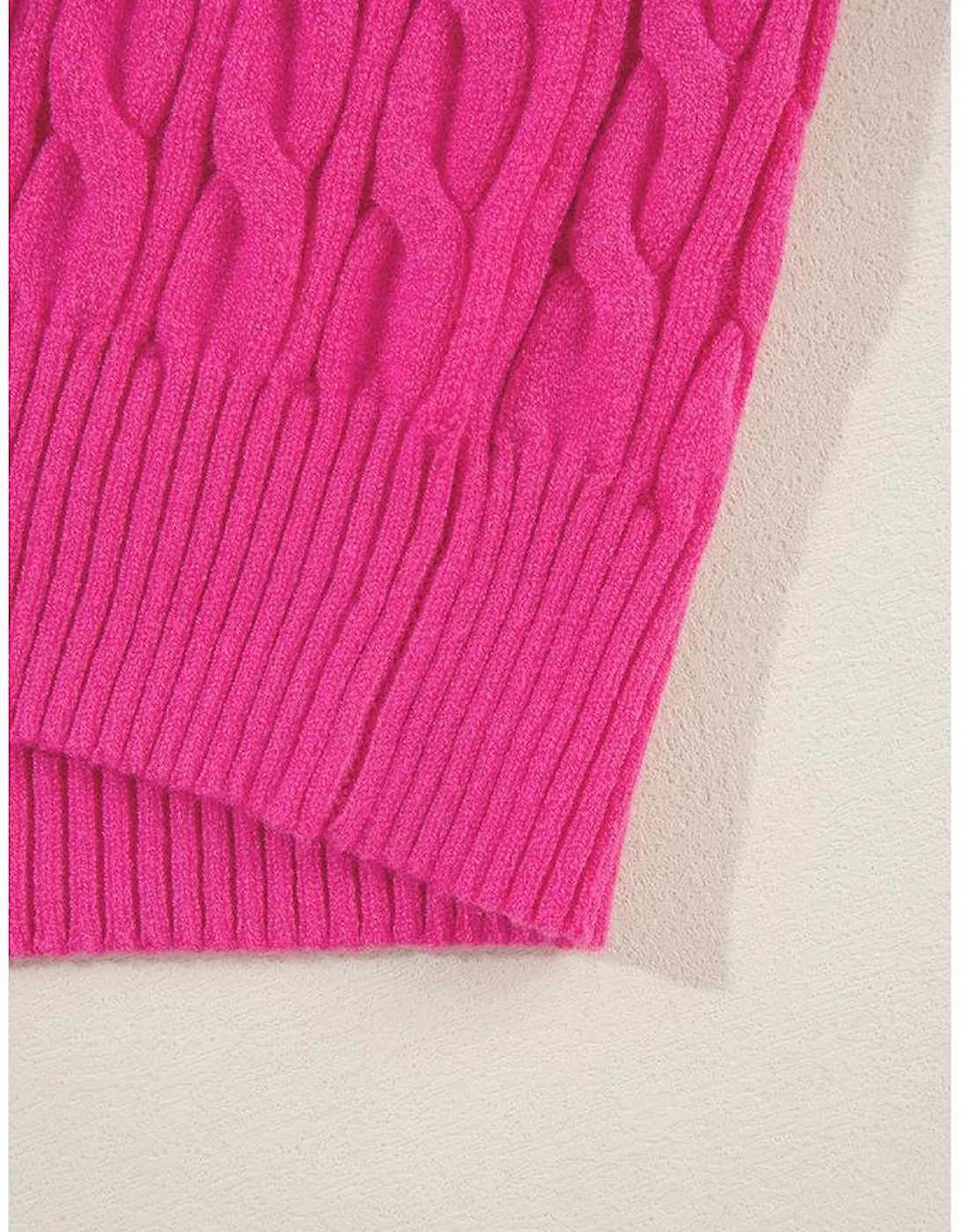 Rose Red Solid Cable Knit High Neck Drop Shoulder Sweater