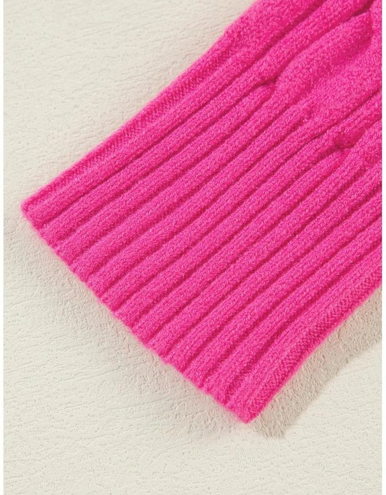 Rose Red Solid Cable Knit High Neck Drop Shoulder Sweater