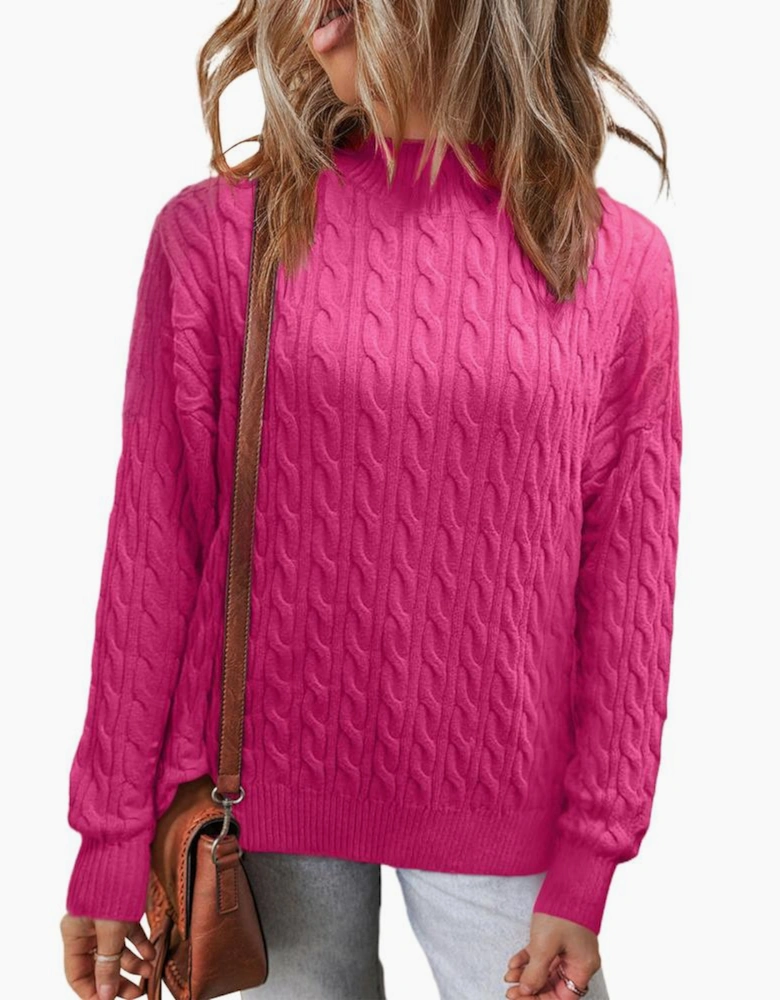 Rose Red Solid Cable Knit High Neck Drop Shoulder Sweater