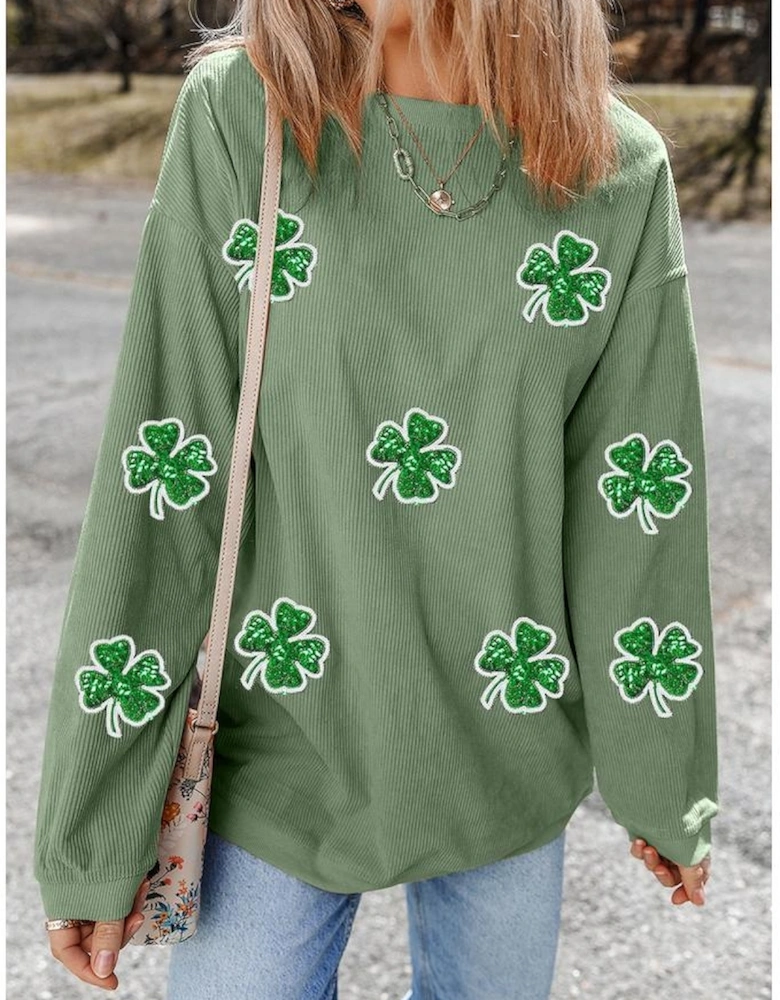 Grass Green Ribbed Four Leaf Clover Graphic St. Patricks Pullover Sweatshirt
