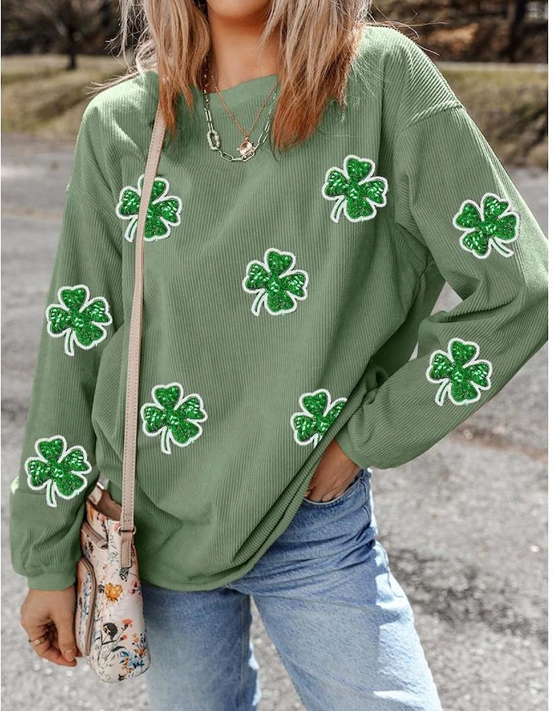 Grass Green Ribbed Four Leaf Clover Graphic St. Patricks Pullover Sweatshirt, 7 of 6