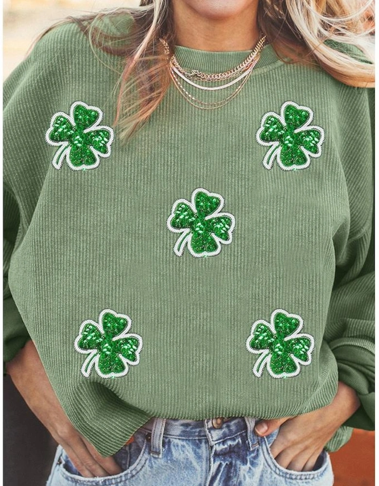 Grass Green Ribbed Four Leaf Clover Graphic St. Patricks Pullover Sweatshirt