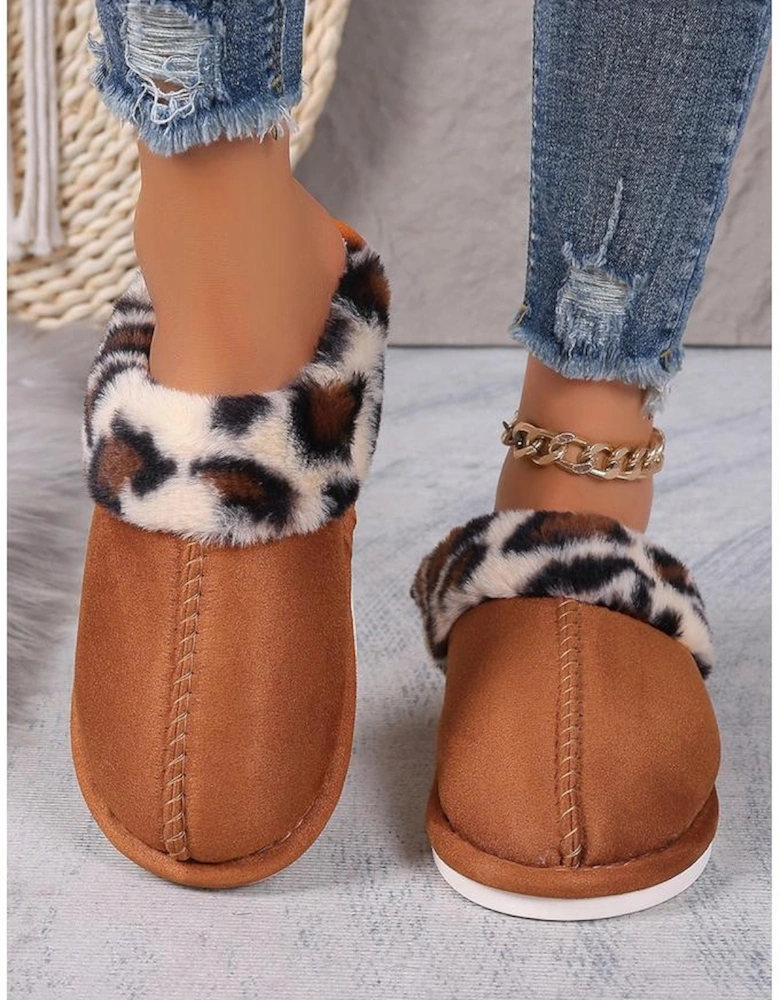 Chestnut Leopard Patched Plush Lined Thick Home Slippers