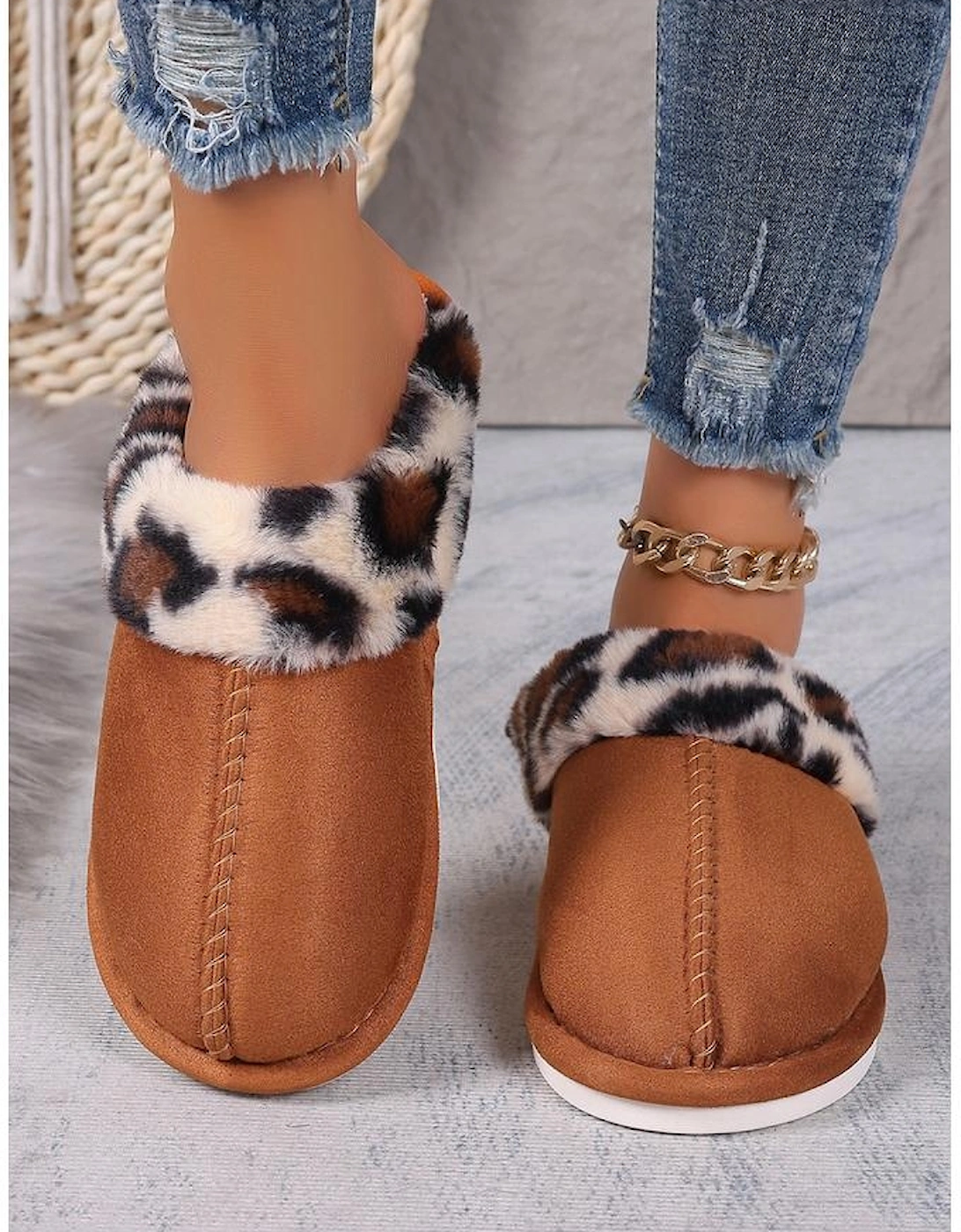 Chestnut Leopard Patched Plush Lined Thick Home Slippers, 5 of 4